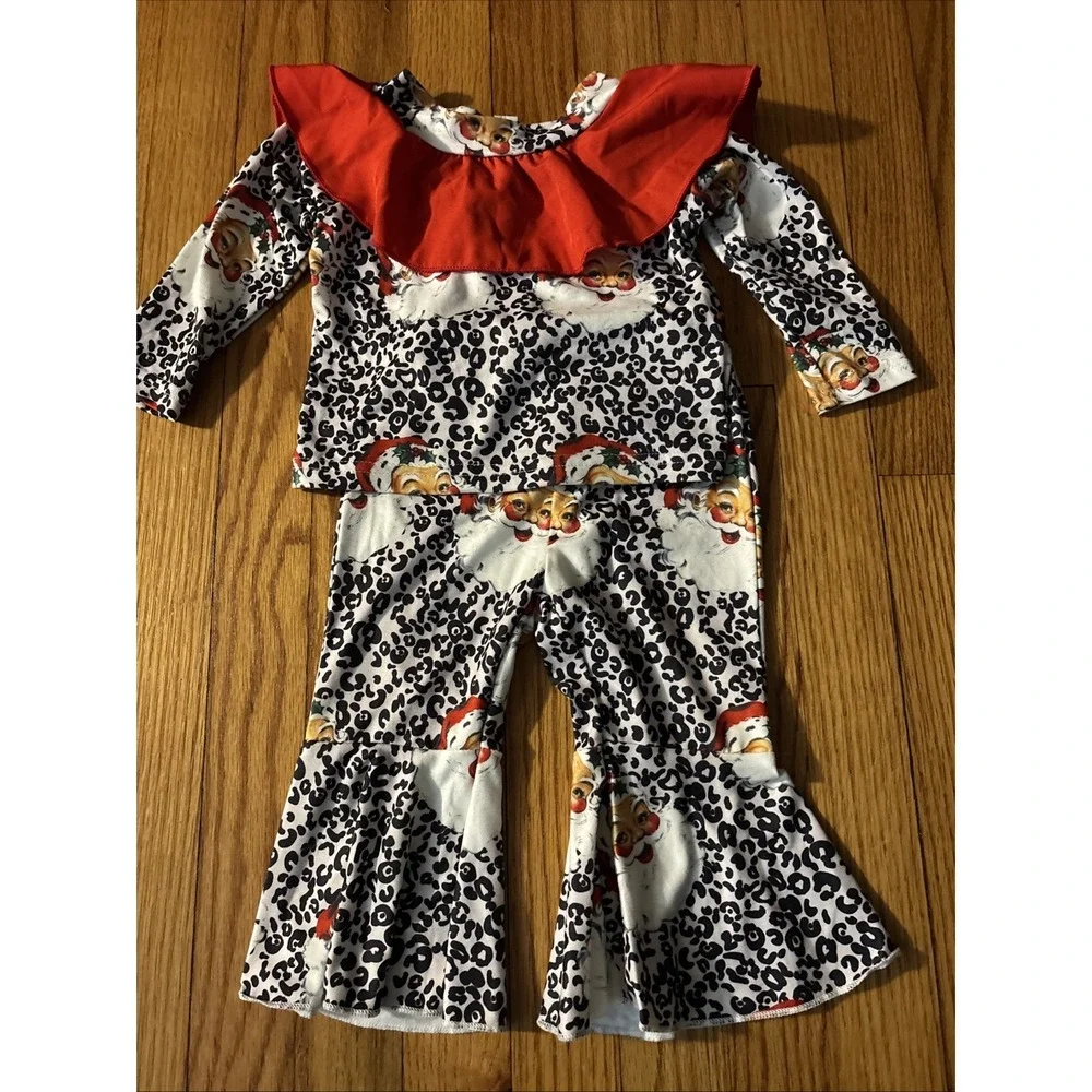 Santa Leopard‎ Print Girls Christmas Bell Bottom Outfit Set 6-9months